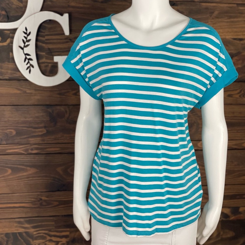 Christian Siriano | Runway Style‎ Stripe Striped Short Tee Rolled Sleeve Sheer